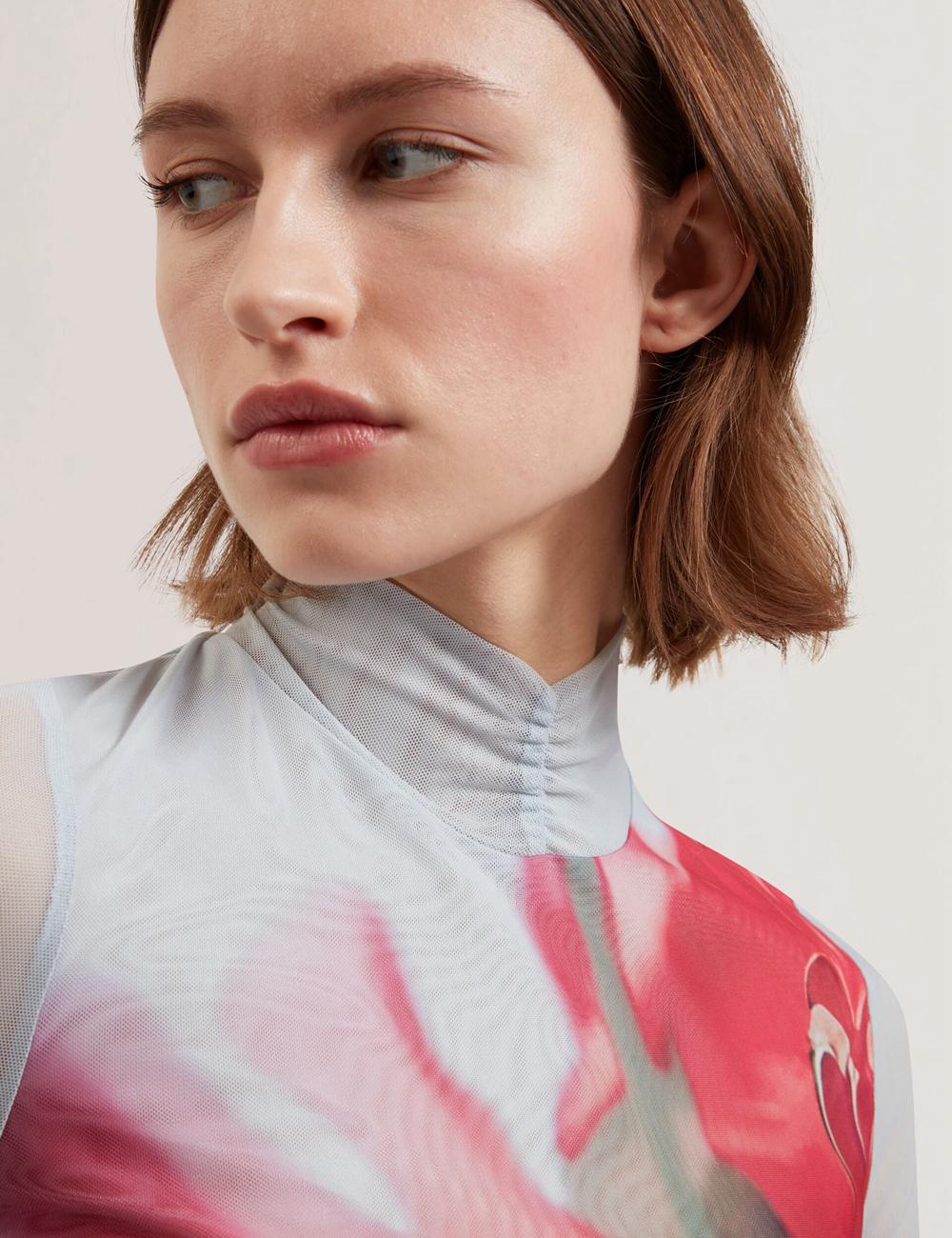 Women Ted Baker PIPYA - Floral High Neck Long Sleeve Mesh Tops Blue | Egypt  IOKUA-9081