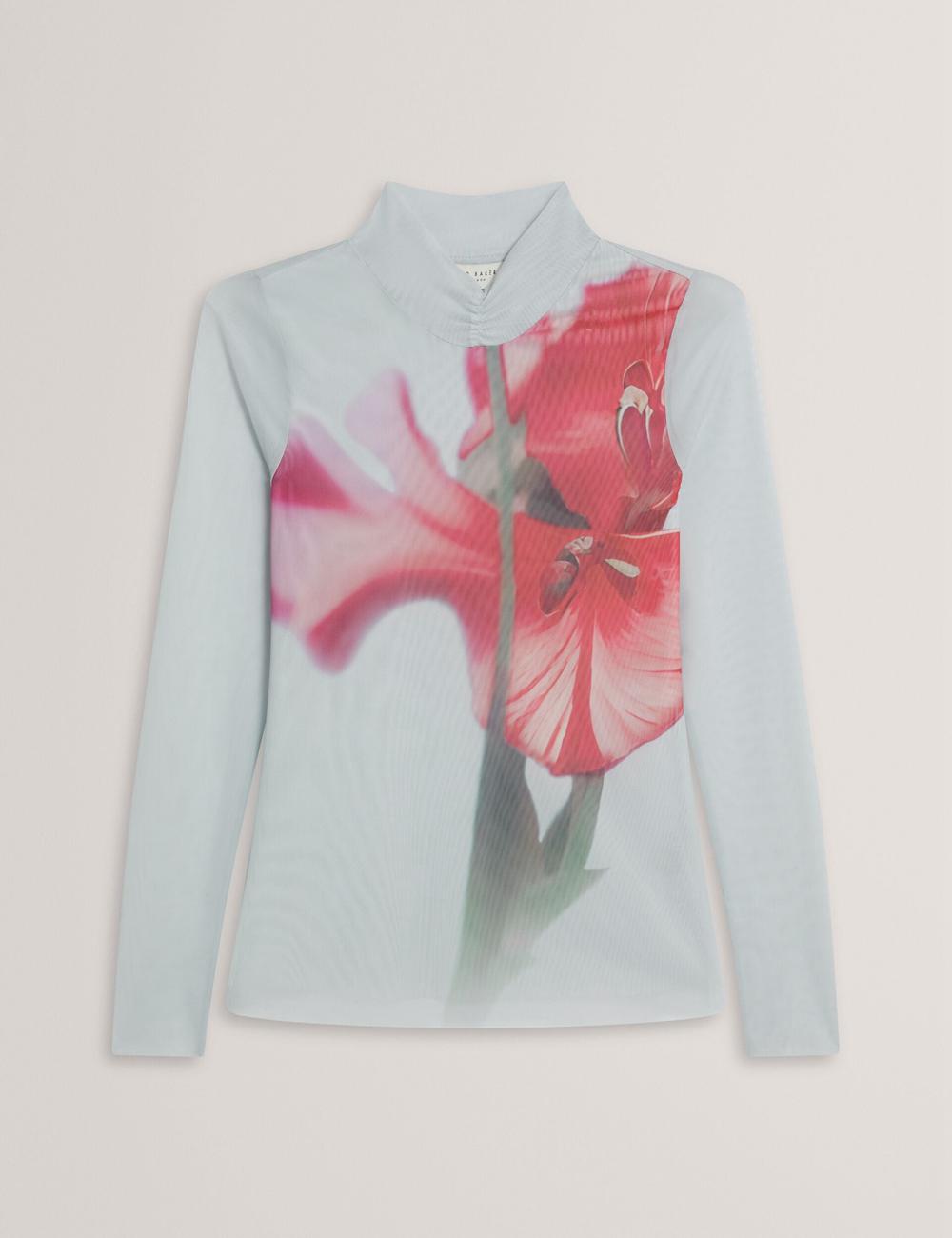 Women Ted Baker PIPYA - Floral High Neck Long Sleeve Mesh Tops Blue | Egypt  IOKUA-9081