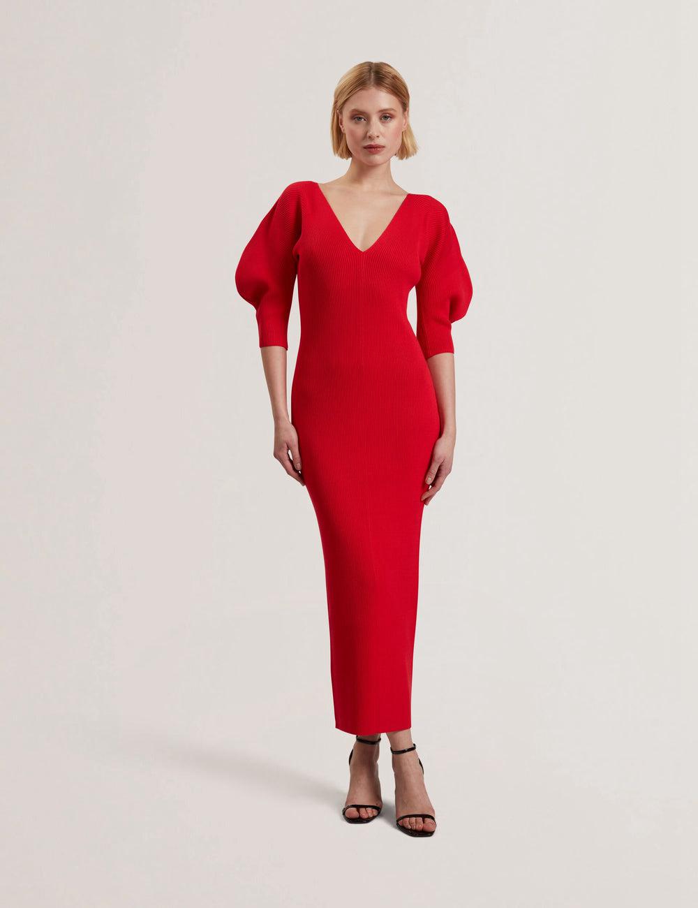 Women Ted Baker PRICILA - Shaped Sleeve Knitted Bodycon Midi Dresses Red | Egypt  QZUAN-0268