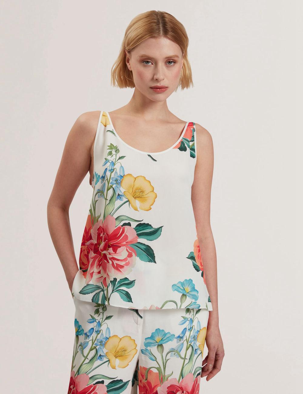 Women Ted Baker PURRLA - Floral Print Scoop Neck Sleeveless Tops White | Egypt  WFBDK-1807