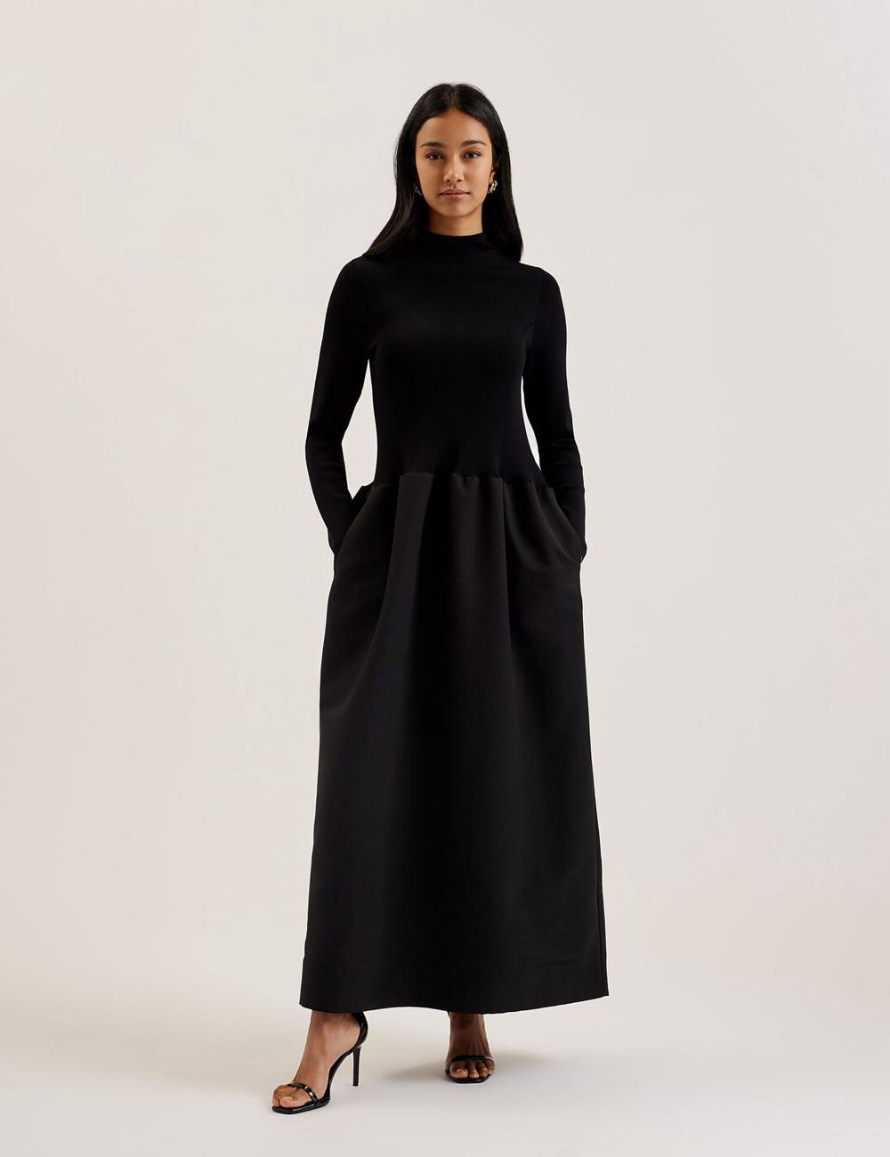 Women Ted Baker PYLIA - Structured With Knitted Bodice Maxi Dresses Black | Egypt  YORTH-3256