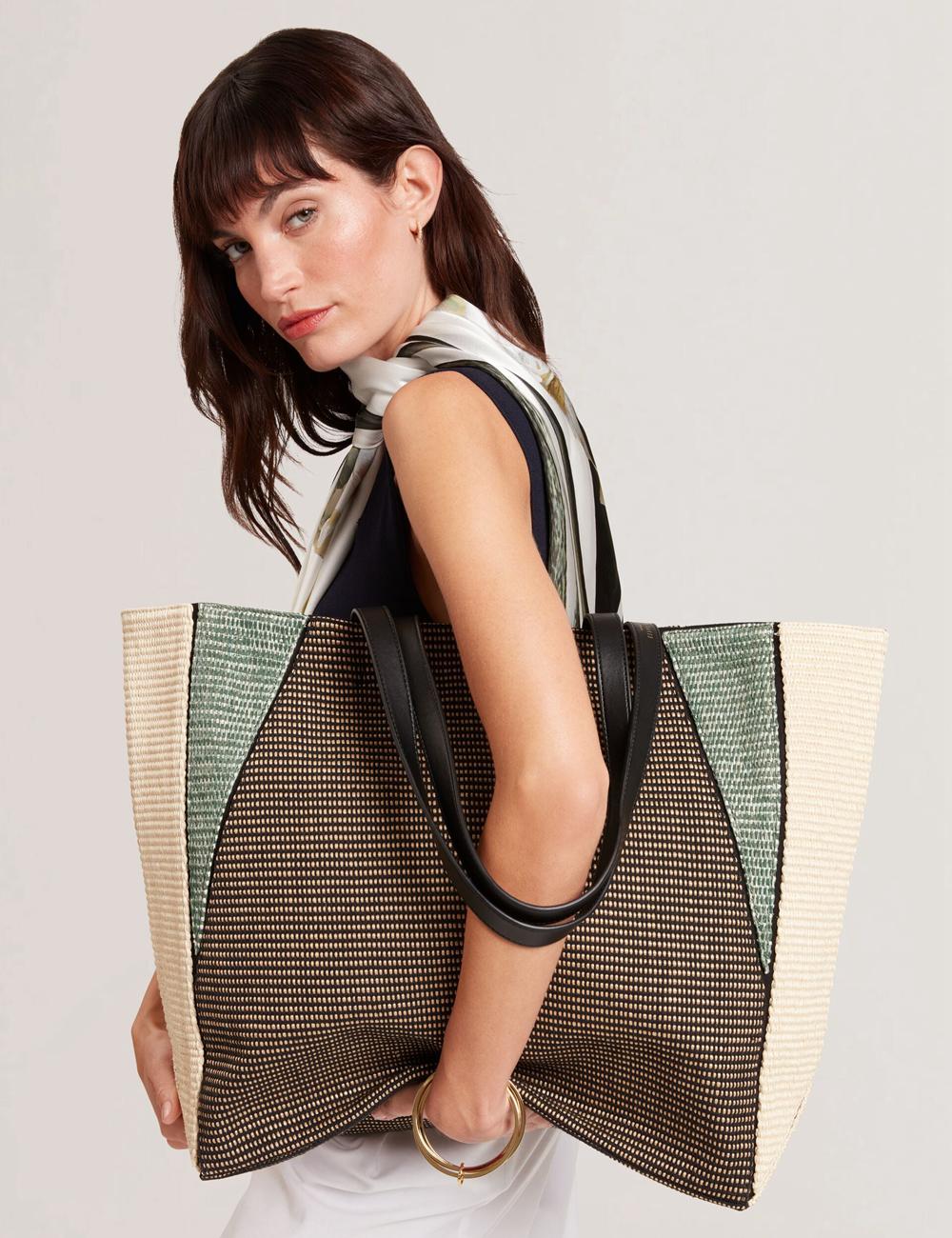 Women Ted Baker RAFIYA - Woven Colour Block Folding Shopper Shopper Bags Black | Egypt  AIRZT-7319