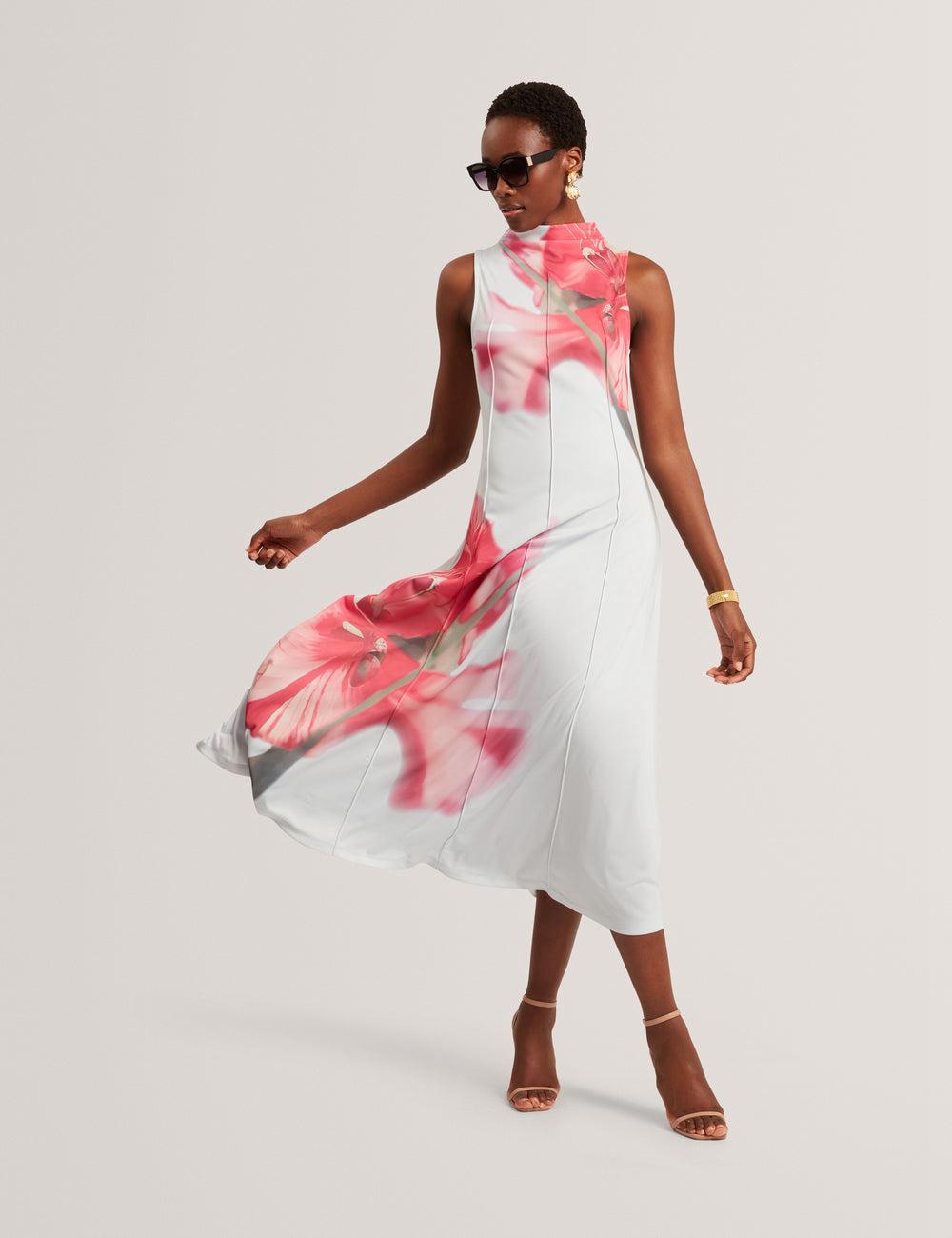 Women Ted Baker REBEHKA - High Neck Printed Jersey Midi Dresses Blue | Egypt  WVKGC-3047
