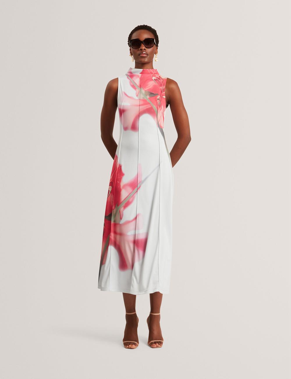 Women Ted Baker REBEHKA - High Neck Printed Jersey Midi Dresses Blue | Egypt  WVKGC-3047