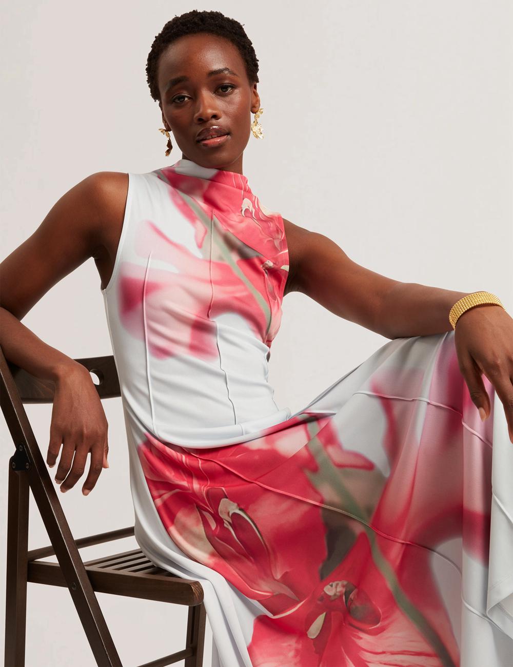 Women Ted Baker REBEHKA - High Neck Printed Jersey Midi Dresses Blue | Egypt  WVKGC-3047