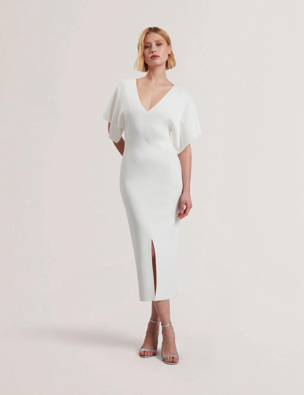 Women Ted Baker REBEXXA - Wide Sleeve Knitted Bodycon Midi Dresses Ivory | Egypt  BOLPY-9058
