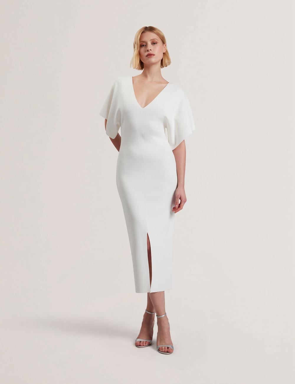 Women Ted Baker REBEXXA - Wide Sleeve Knitted Bodycon Midi Dresses Ivory | Egypt  BOLPY-9058