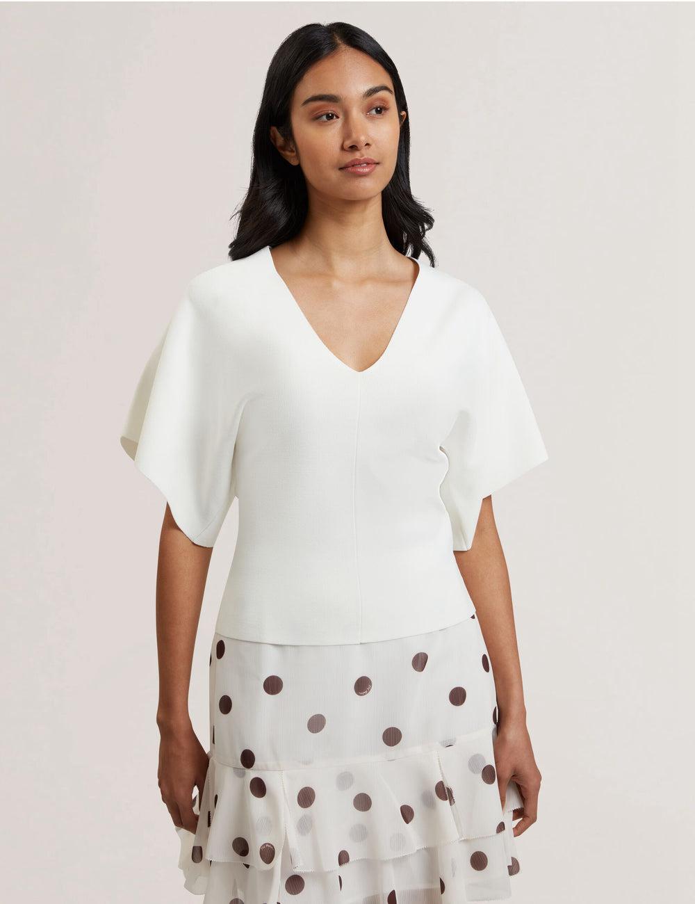 Women Ted Baker REGINAH - Wide Short Sleeve V-Neck Knitted Tops Ivory | Egypt  XGKJV-4962