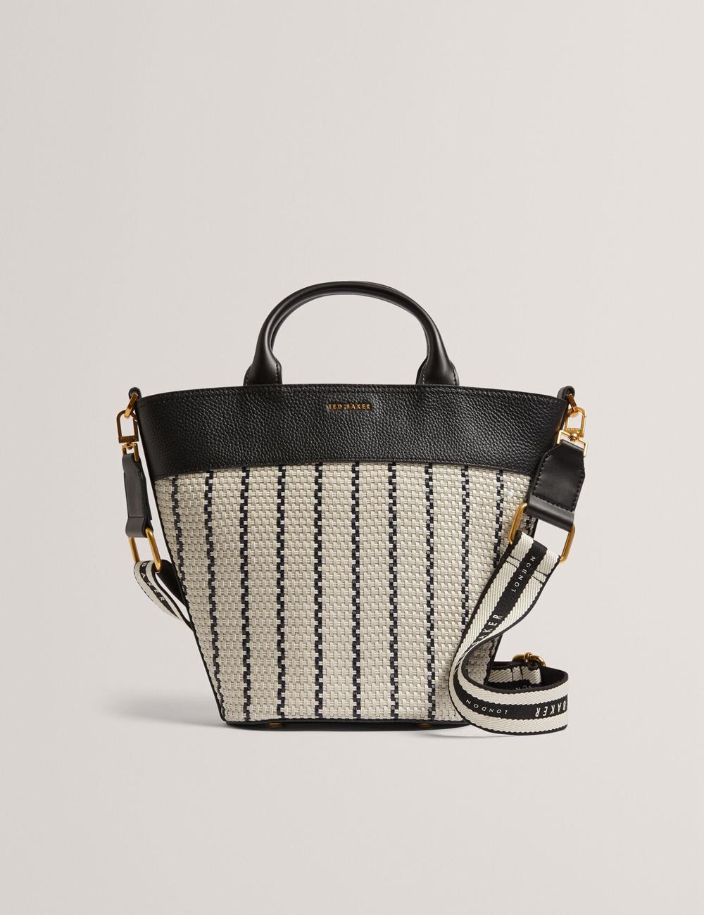 Women Ted Baker RIVERI - Woven Leather Trim Bucket With Webbing Strap Tote Bags Navy | Egypt  LVWOI-0147