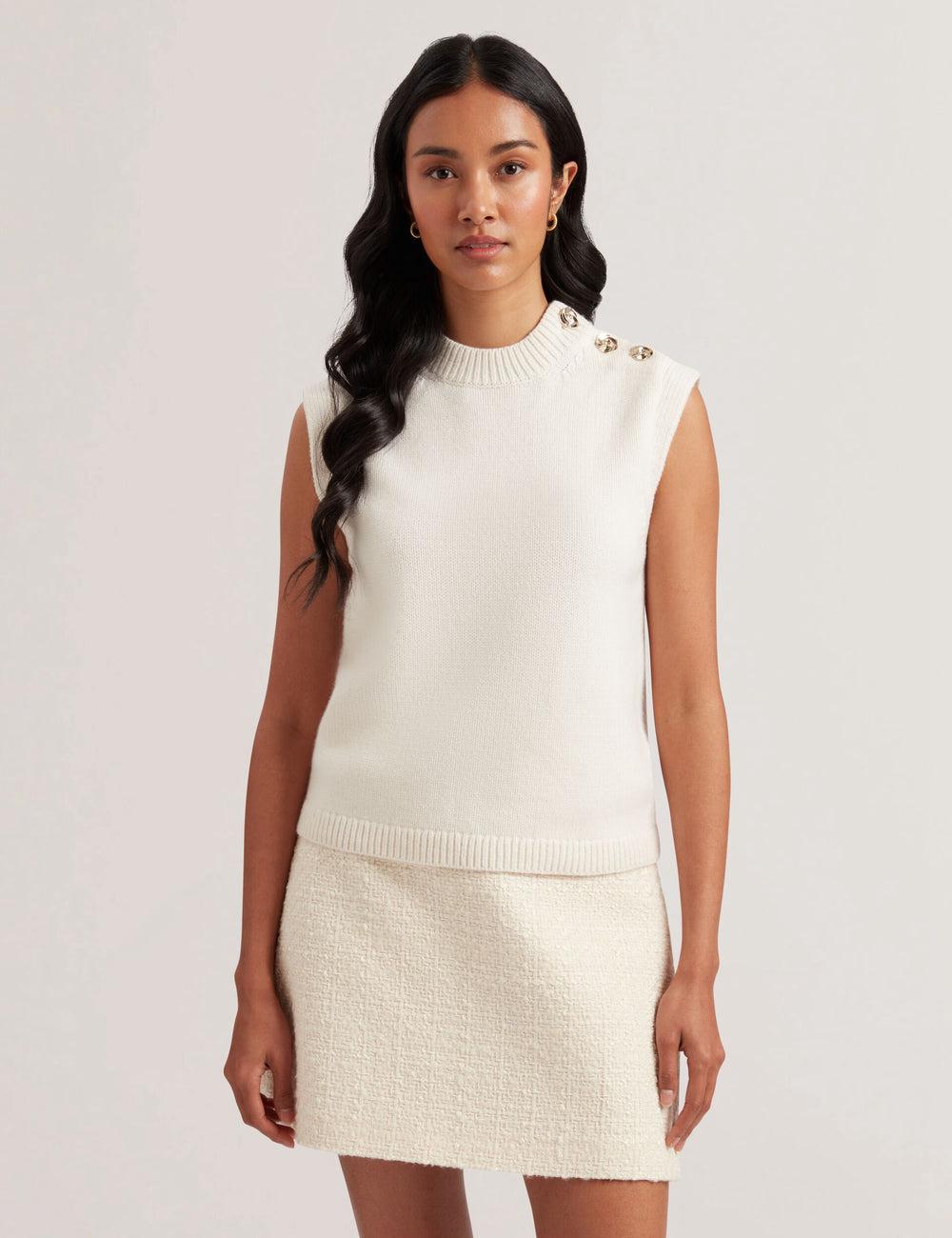 Women Ted Baker RONDHER - Rose Button Wool Knit Tank Tops Ivory | Egypt  TASBI-9836