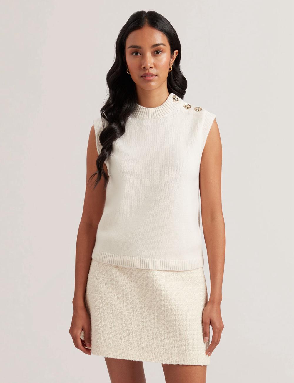 Women Ted Baker RONDHER - Rose Button Wool Knit Tank Tops Ivory | Egypt  TASBI-9836