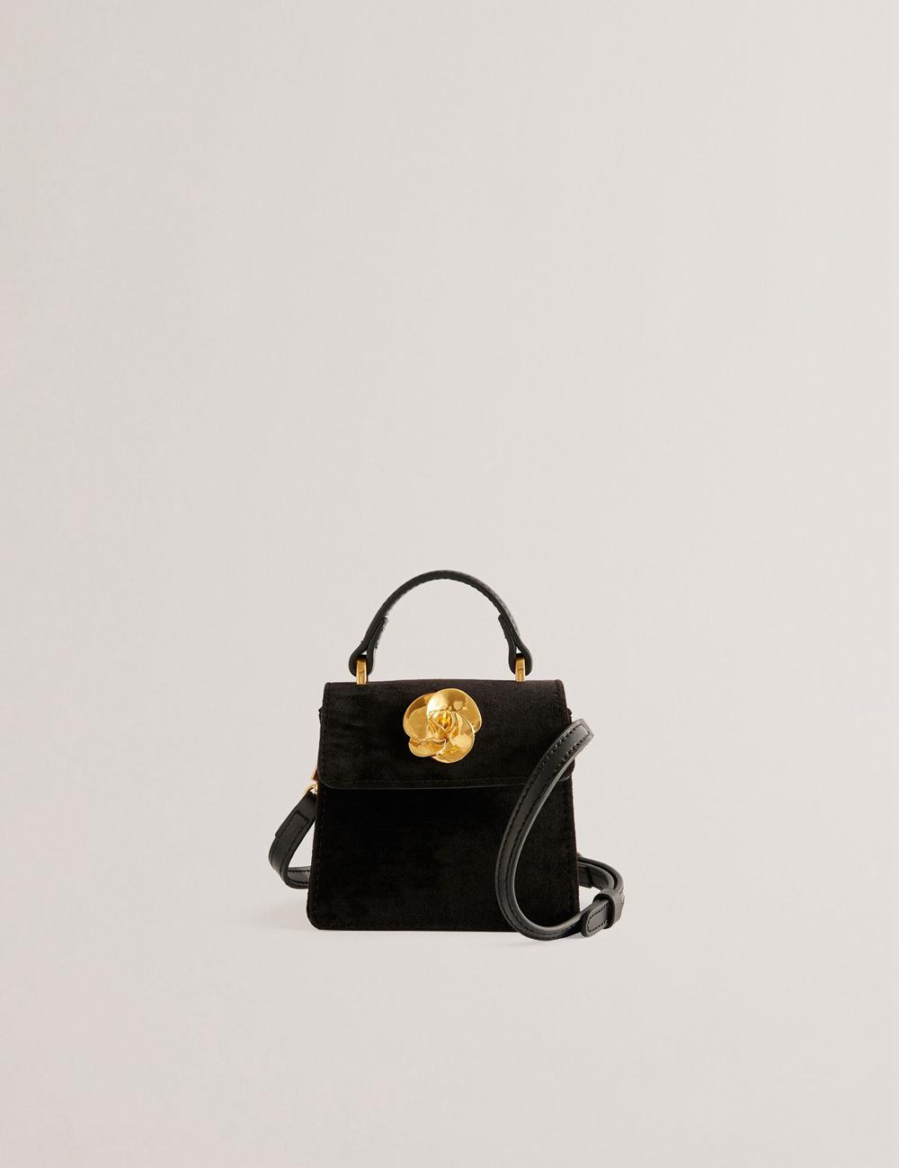 Women Ted Baker ROSIYA - Mini Velvet Rose Detail Top Handle Crossbody Bags Black | Egypt  ZTNSY-8970