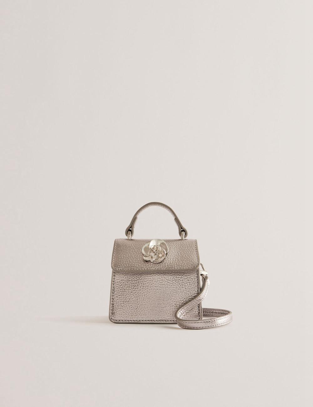Women Ted Baker ROSLIE - Metallic Leather Mini Top Handle Shoulder Bags Silver | Egypt  WGOXE-1768