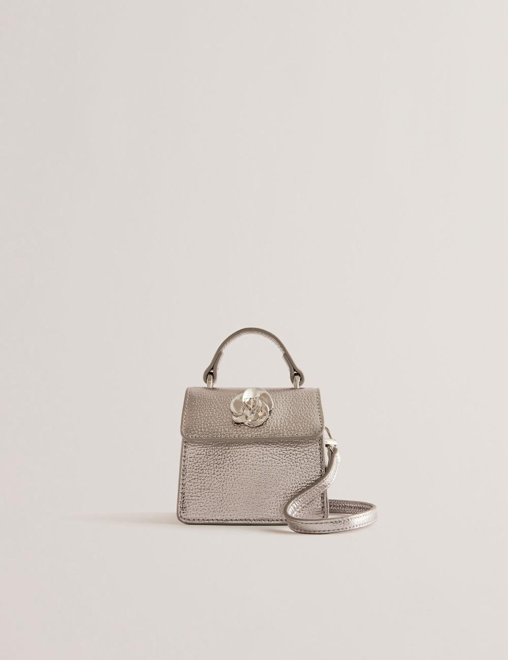 Women Ted Baker ROSLIE - Metallic Leather Mini Top Handle Shoulder Bags Silver | Egypt  WGOXE-1768