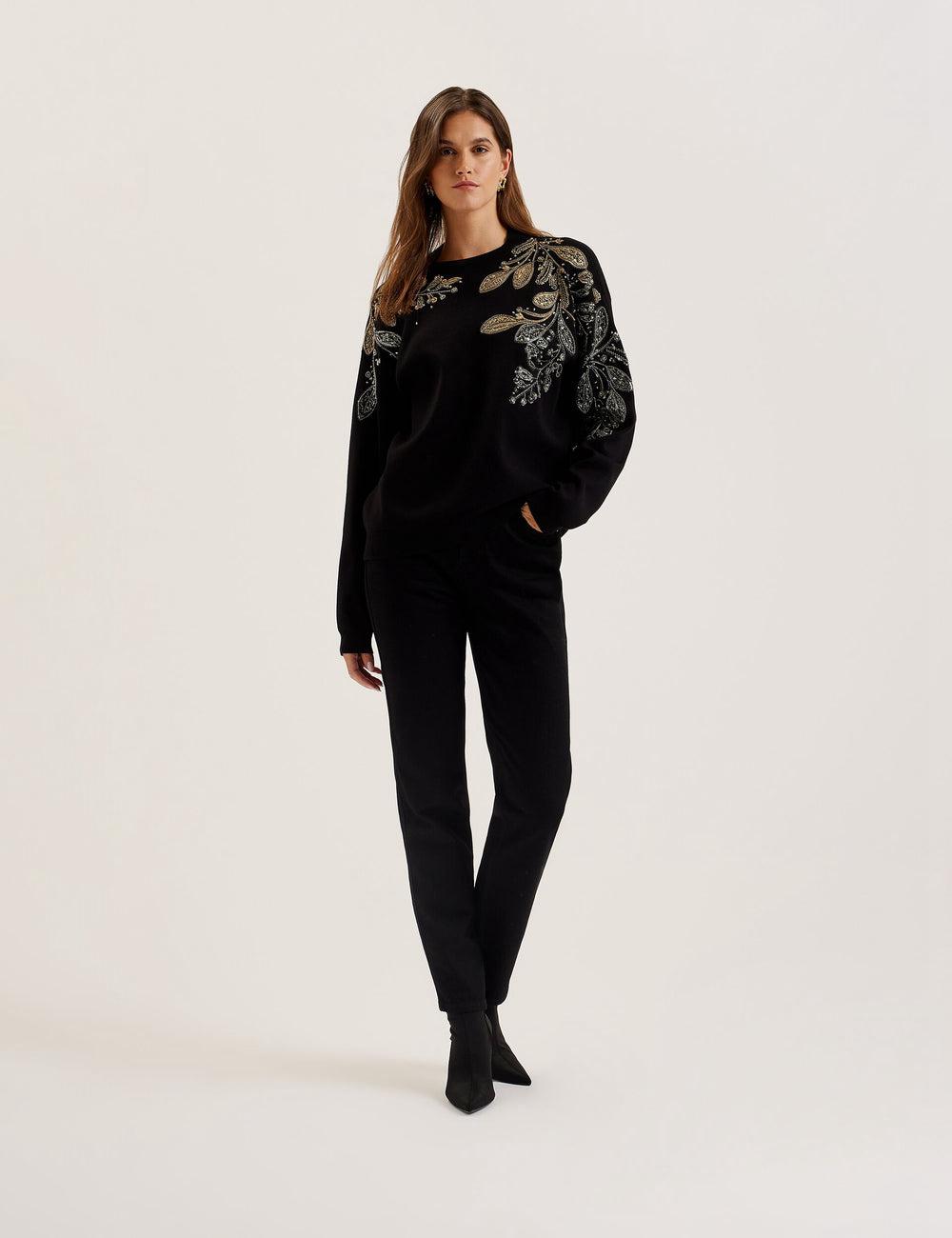 Women Ted Baker ROSMRRY - Embellished Floral Detail Knitted Jumpers Black | Egypt  IZUSH-1429
