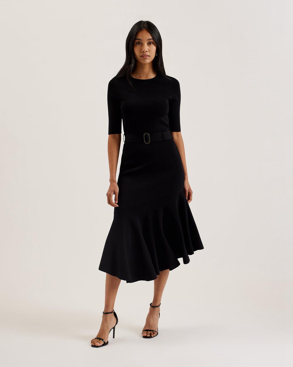 Women Ted Baker SAMALEE - Flippy Hem Knitted Midi Dresses Black | Egypt  BNMKO-7160