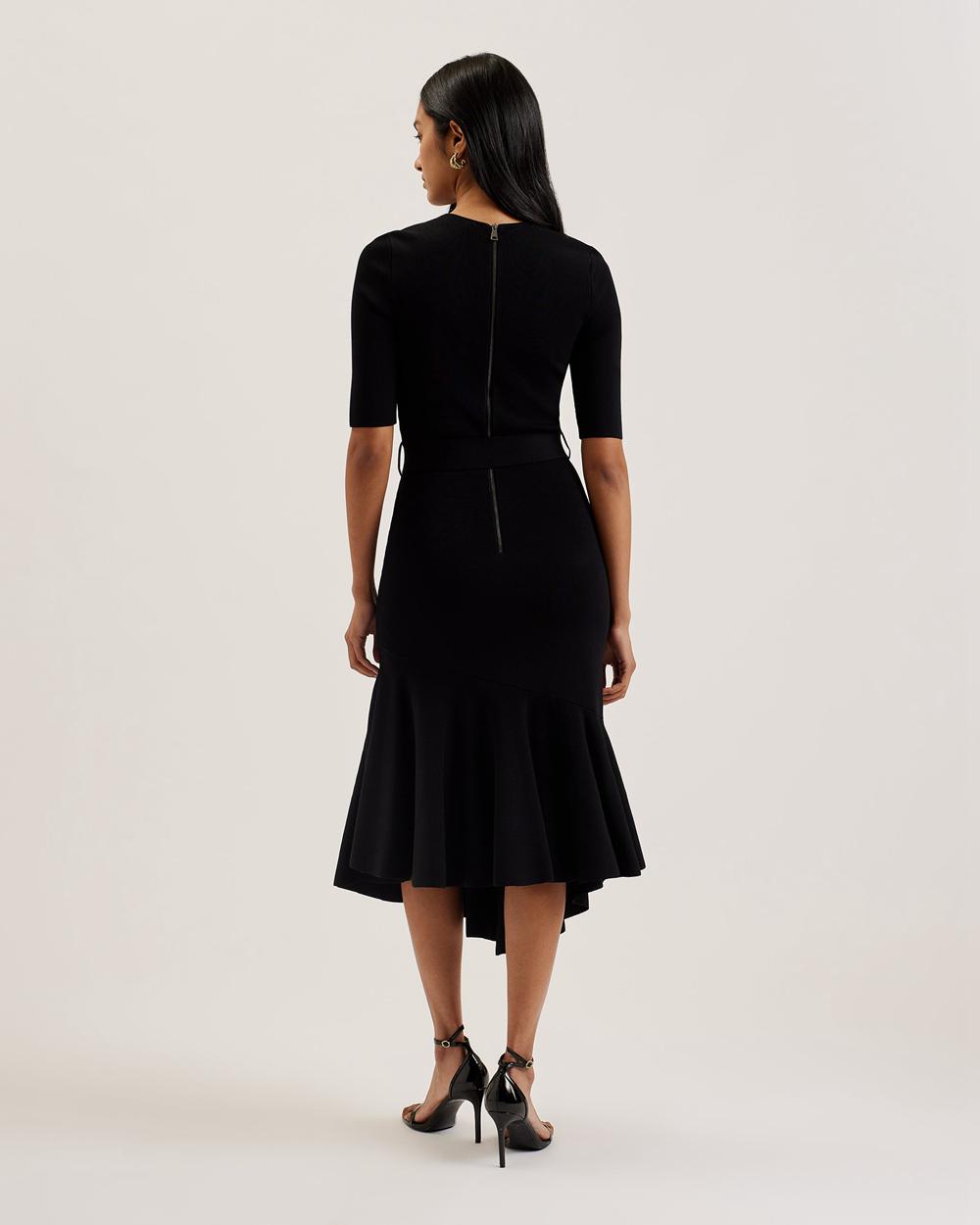 Women Ted Baker SAMALEE - Flippy Hem Knitted Midi Dresses Black | Egypt  BNMKO-7160