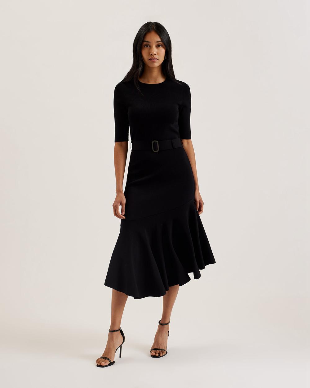Women Ted Baker SAMALEE - Flippy Hem Knitted Midi Dresses Black | Egypt  BNMKO-7160