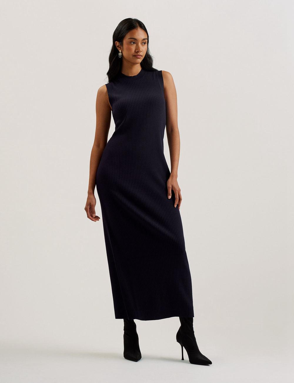 Women Ted Baker SANDIII - Sleeveless Ribbed Knit Column Maxi Dresses Navy | Egypt  THRFY-1684