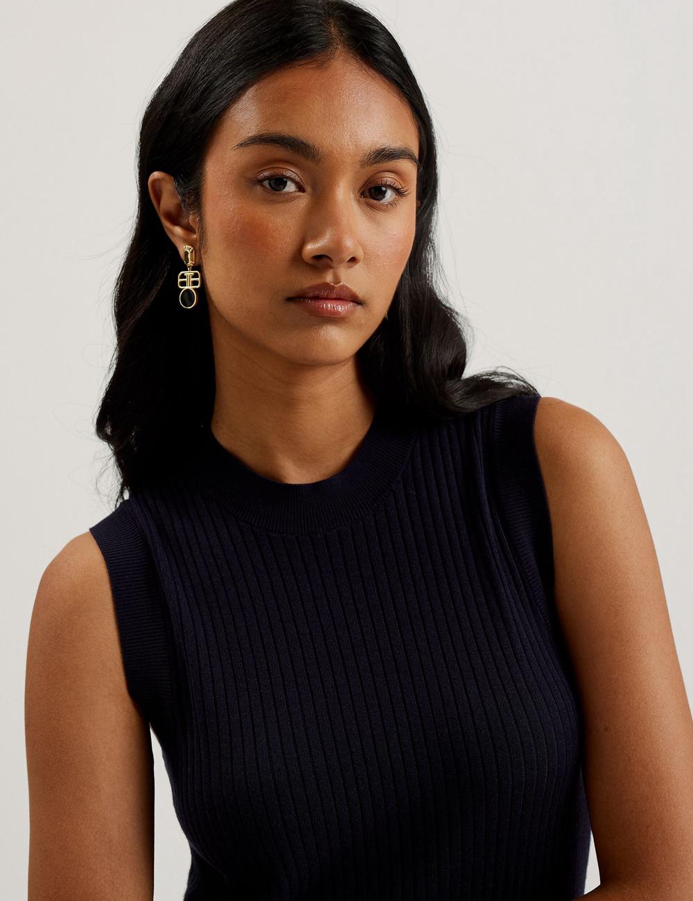 Women Ted Baker SANDIII - Sleeveless Ribbed Knit Column Maxi Dresses Navy | Egypt  THRFY-1684