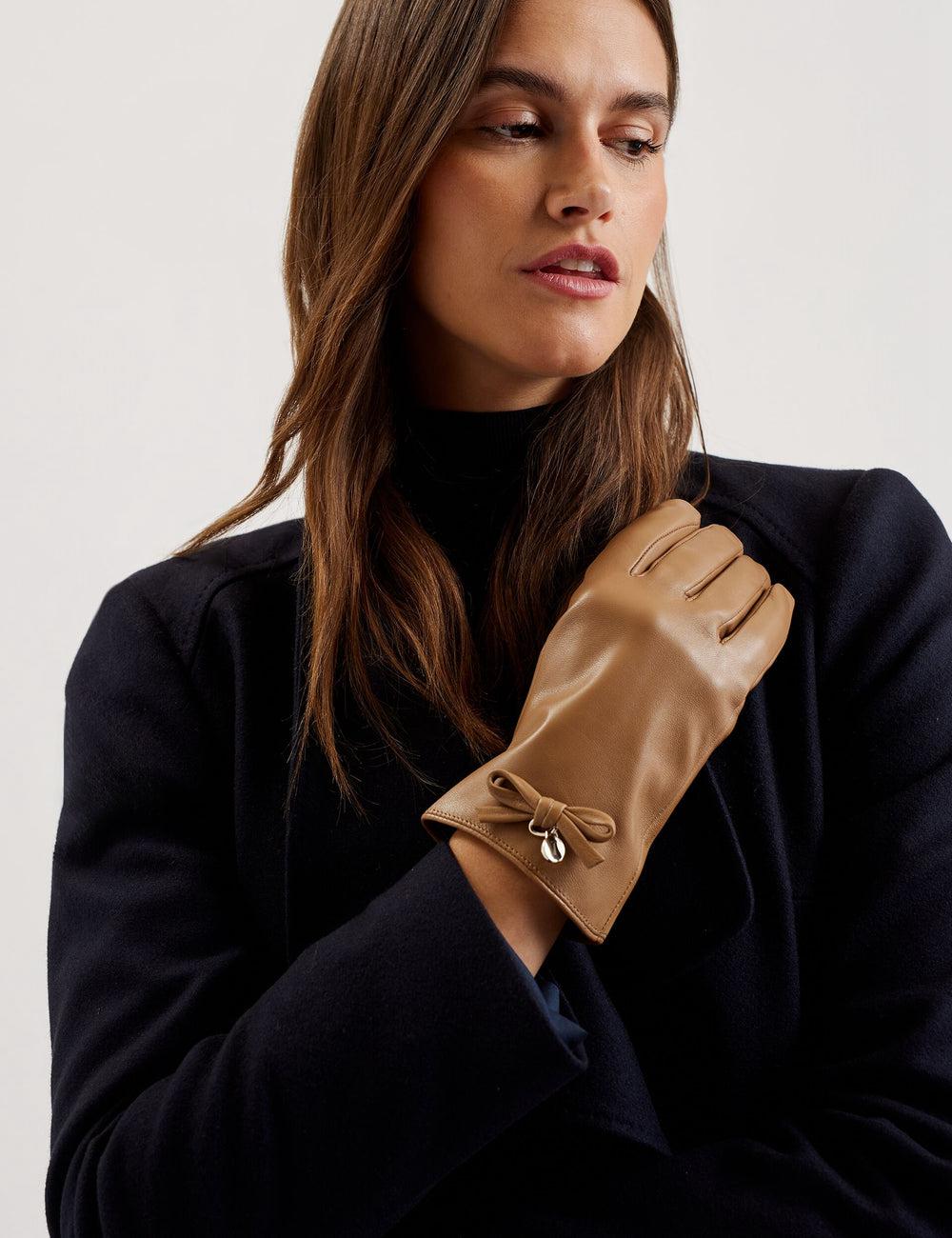 Women Ted Baker SHERYYS - Bow Detail Soft Leather Gloves Camel | Egypt  OXMJQ-4068