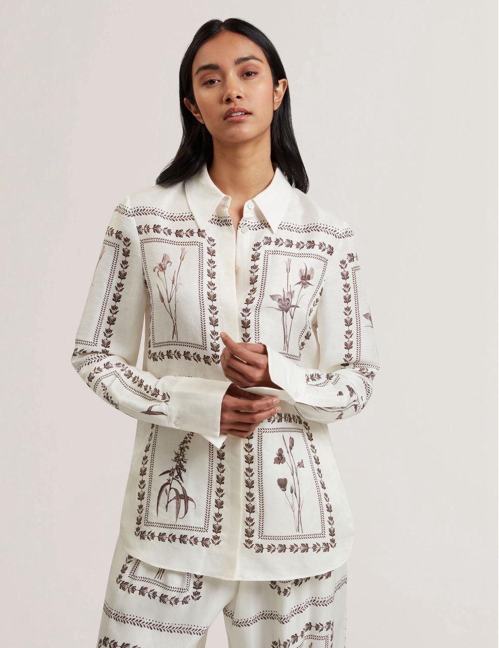 Women Ted Baker SIMCOA - Panel Print Silk Linen Longline Casual Shirts Ivory | Egypt  EVZJN-3968