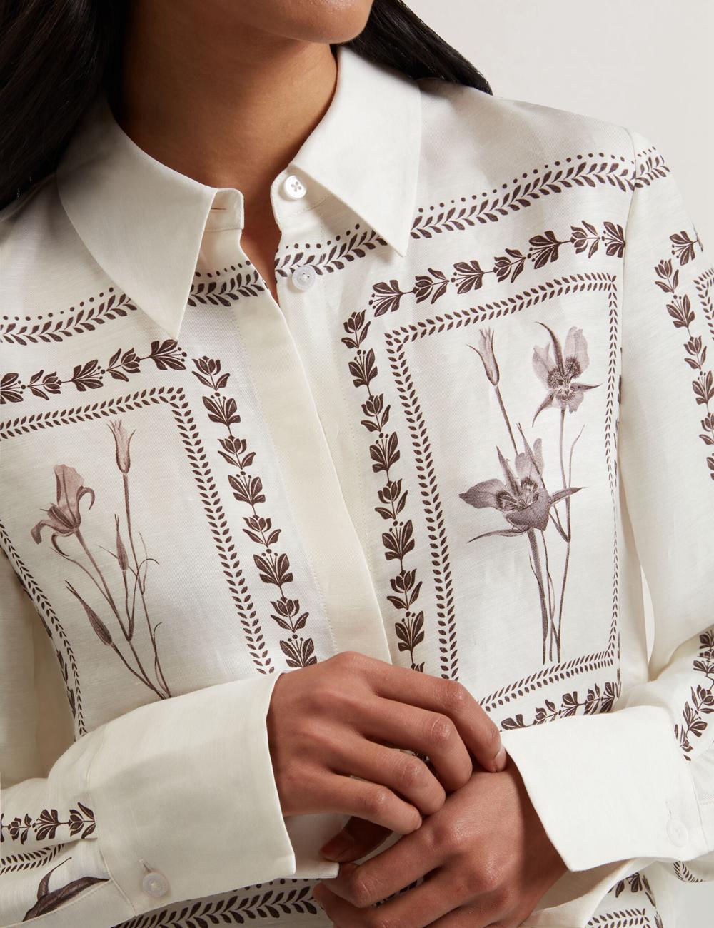 Women Ted Baker SIMCOA - Panel Print Silk Linen Longline Casual Shirts Ivory | Egypt  EVZJN-3968