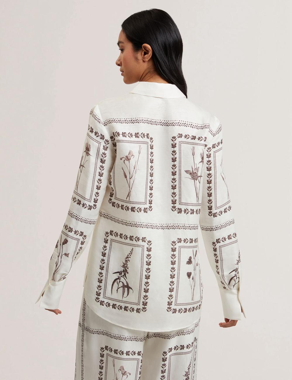 Women Ted Baker SIMCOA - Panel Print Silk Linen Longline Casual Shirts Ivory | Egypt  EVZJN-3968