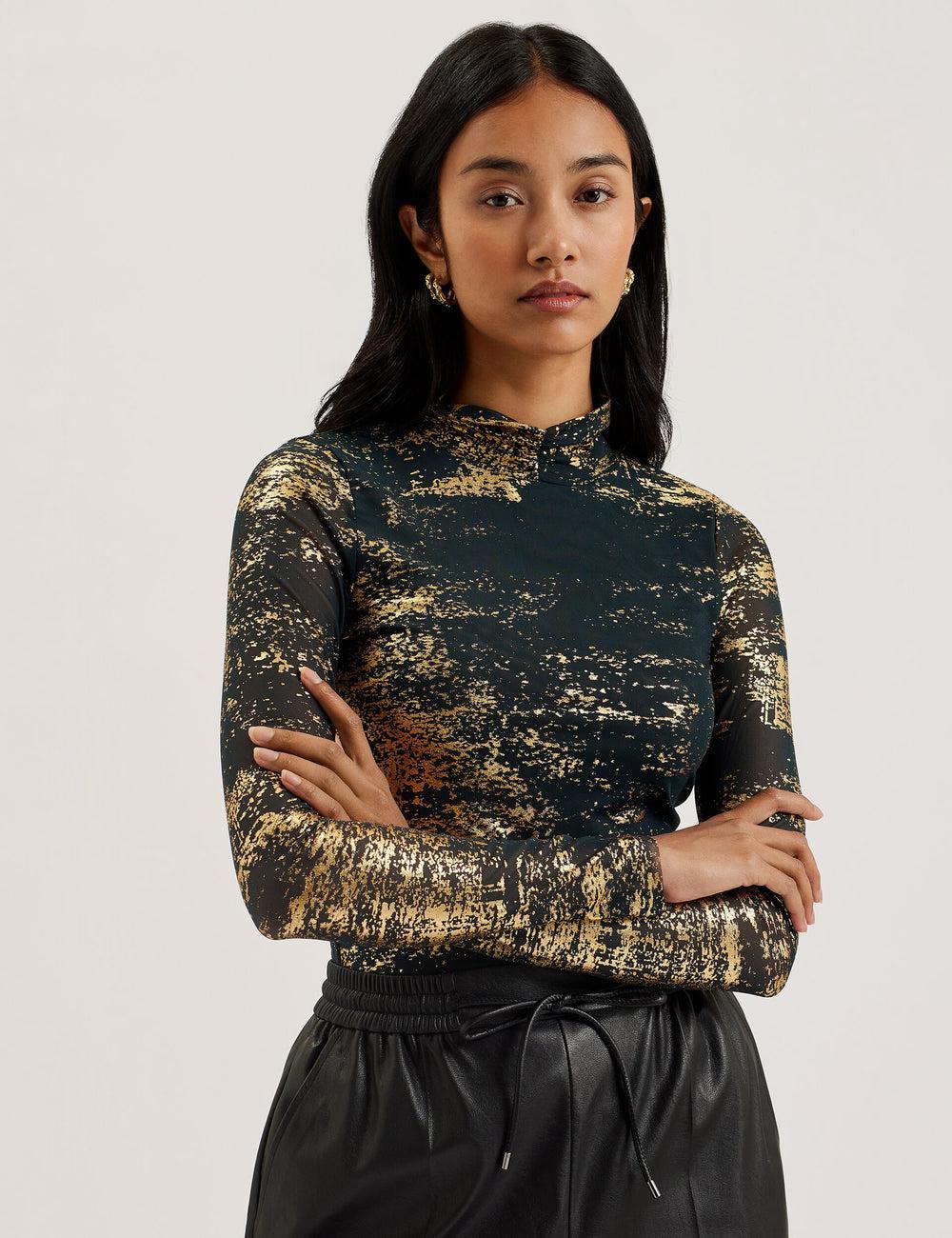 Women Ted Baker SOFIY - Foil Print High Neck Mesh Top Jumpers Dk-Green | Egypt  CMZER-1865