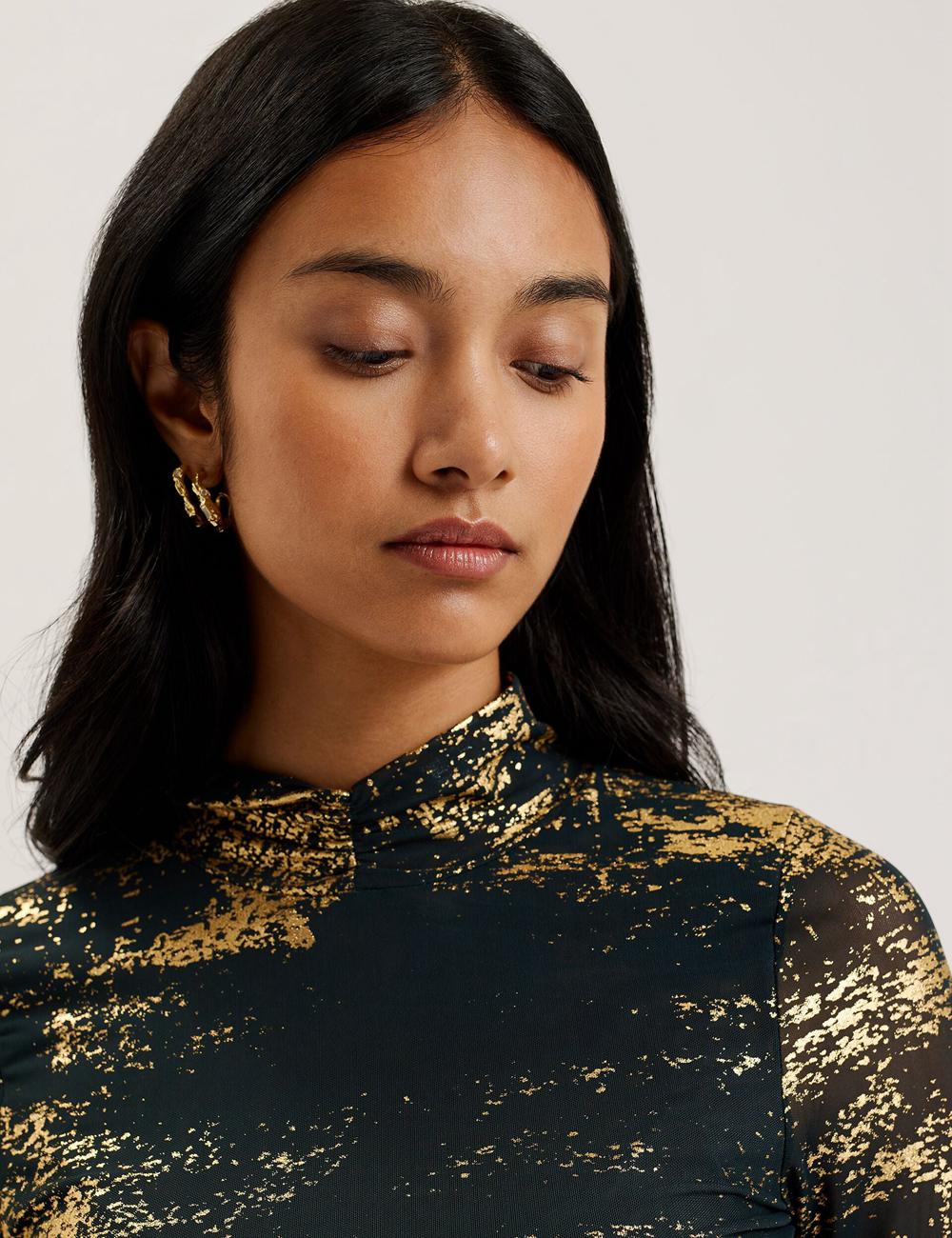Women Ted Baker SOFIY - Foil Print High Neck Mesh Top Jumpers Dk-Green | Egypt  CMZER-1865