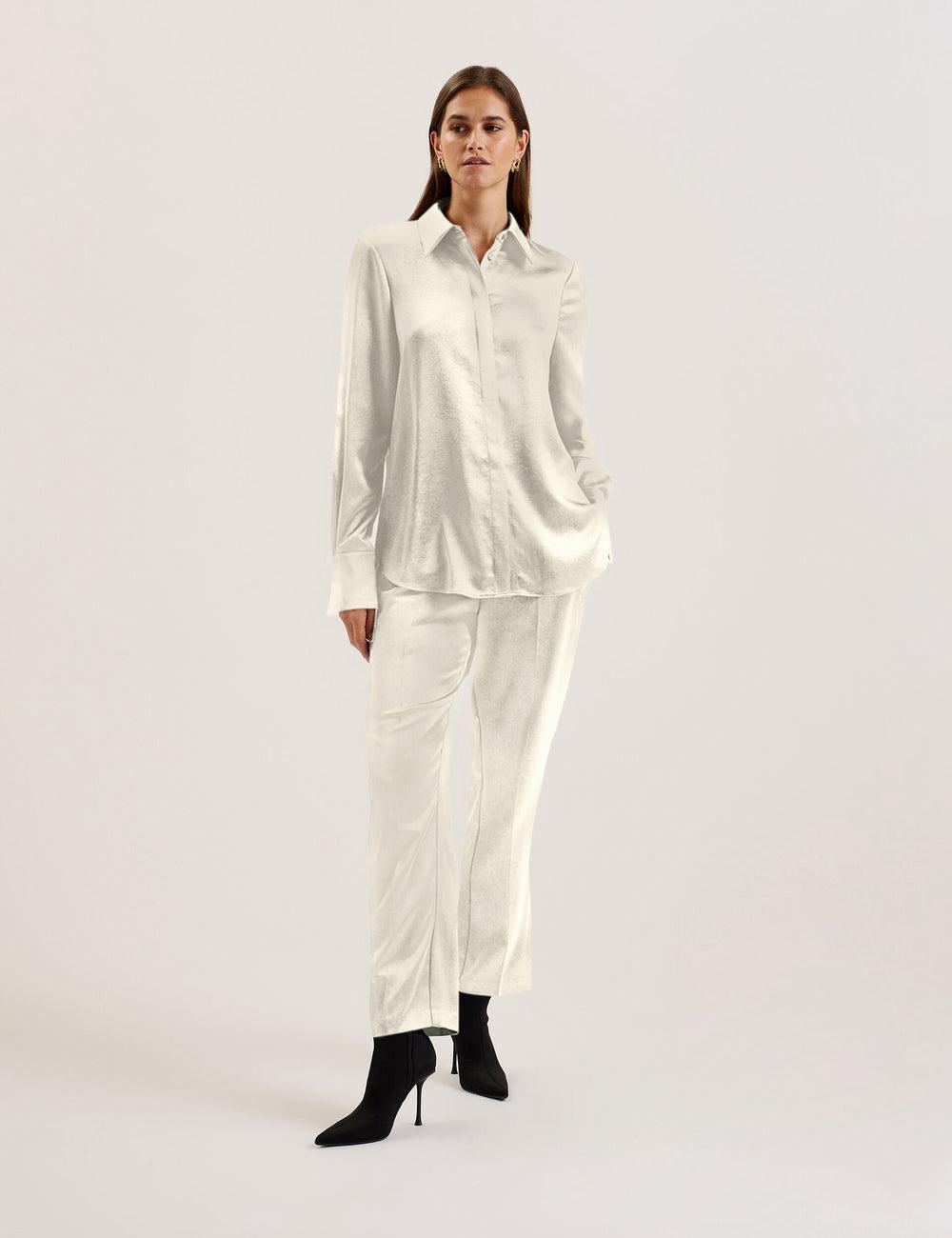 Women Ted Baker SONORA - Satin Longline Covered Placket Formal Shirts Ivory | Egypt  HNJZM-3576