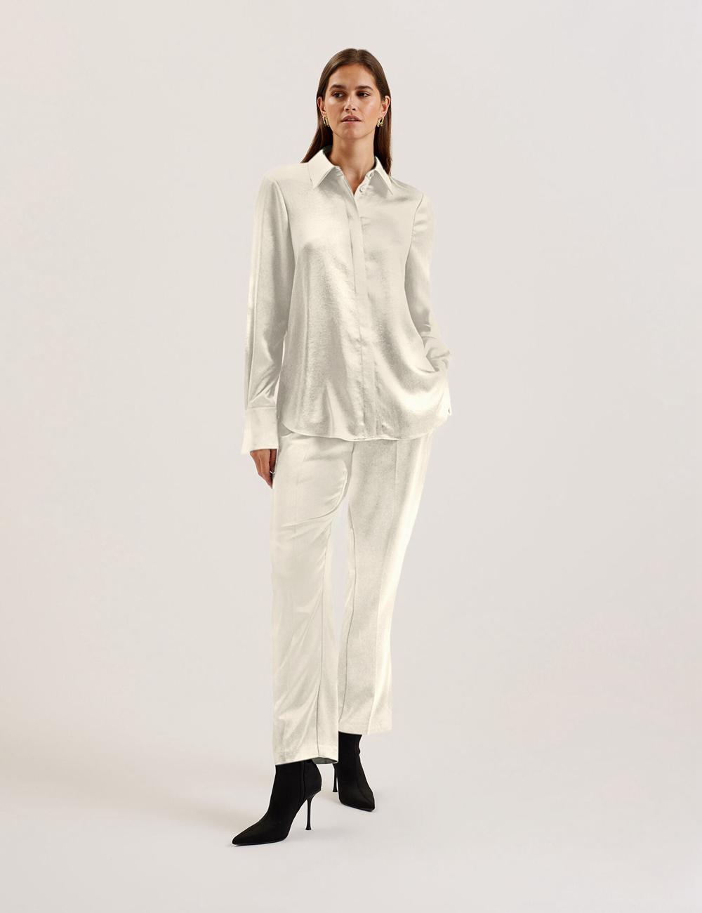 Women Ted Baker SONORA - Satin Longline Covered Placket Formal Shirts Ivory | Egypt  HNJZM-3576