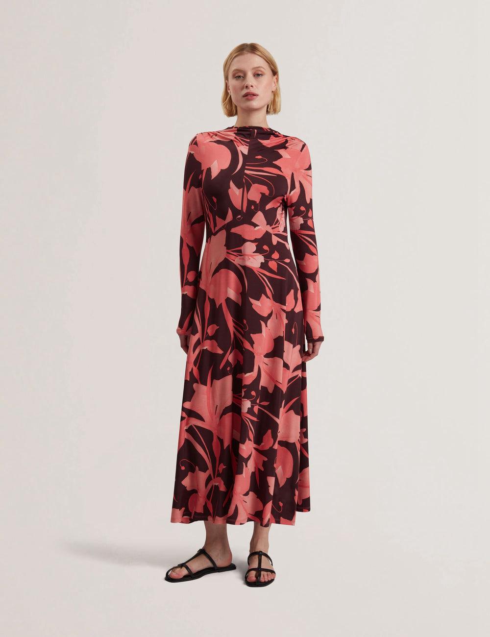 Women Ted Baker STARLAH - Slinky Printed Jersey Long Sleeve Midi Dresses Dk-Brown | Egypt  GYMSQ-2450