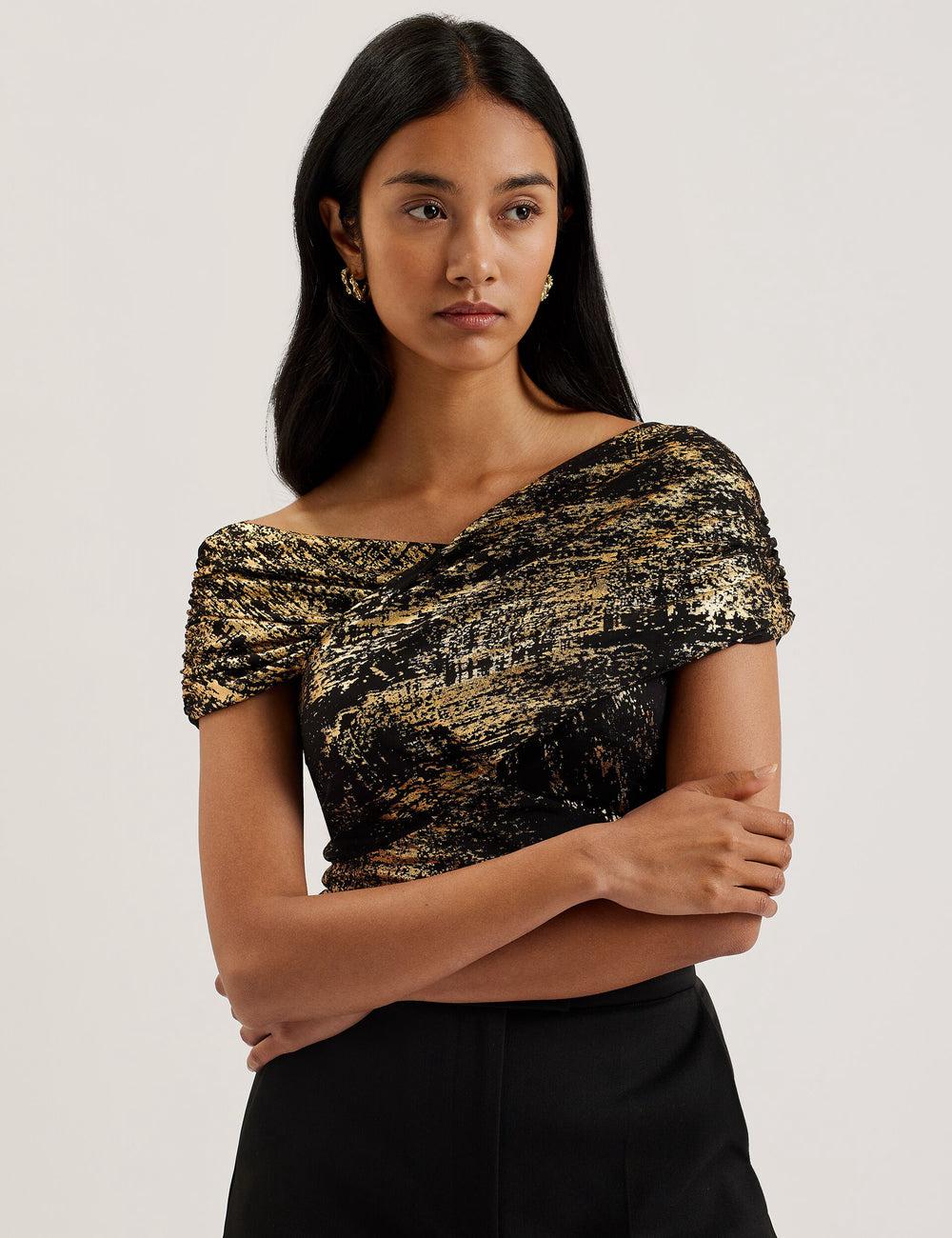 Women Ted Baker TALULAR - Bardot Foil Printed Mesh Tops Black | Egypt  AEJYF-0763