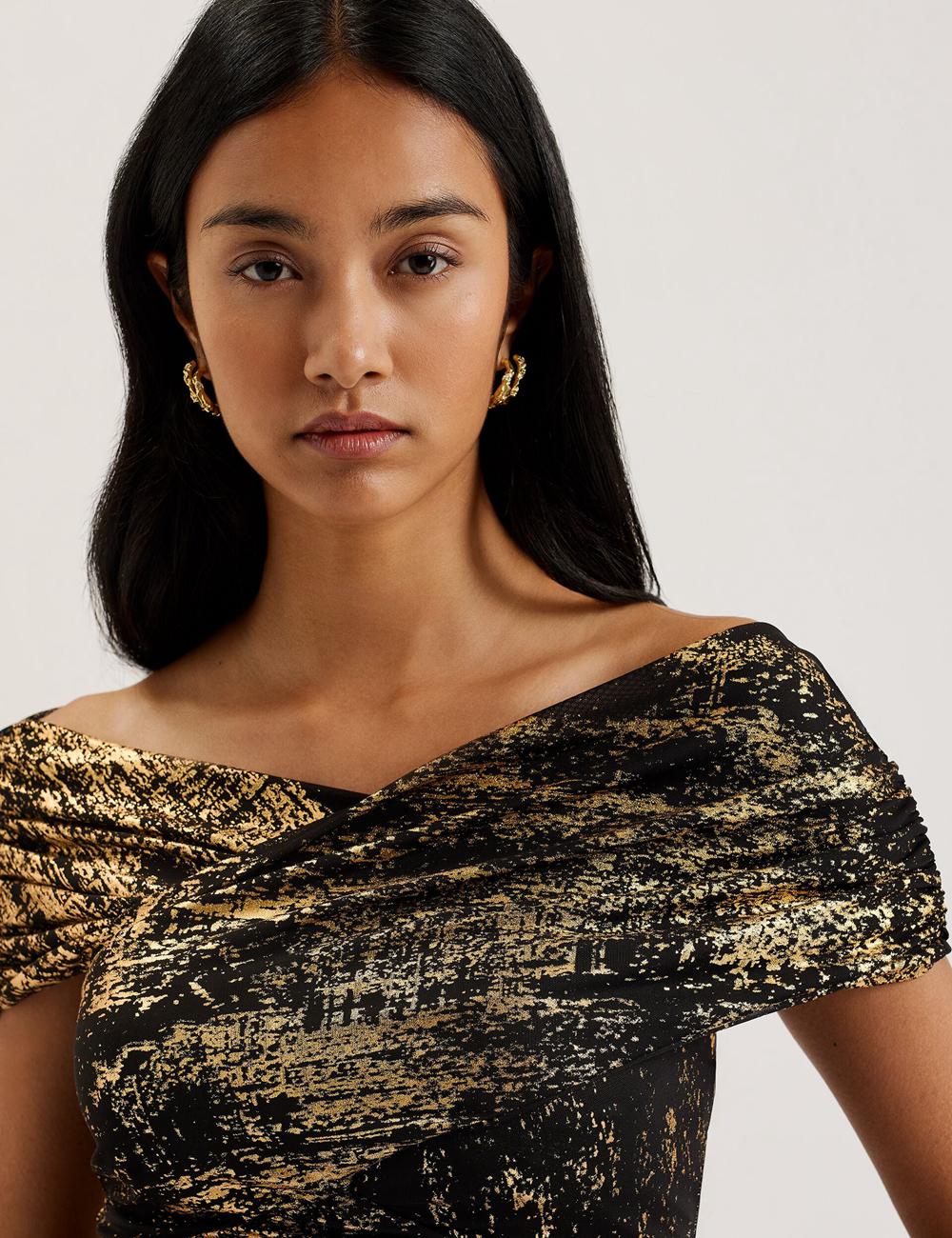 Women Ted Baker TALULAR - Bardot Foil Printed Mesh Tops Black | Egypt  AEJYF-0763