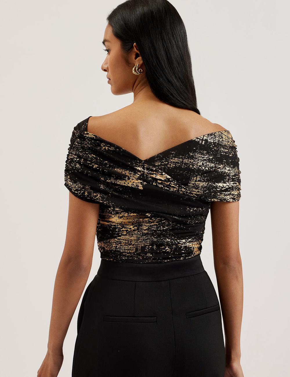 Women Ted Baker TALULAR - Bardot Foil Printed Mesh Tops Black | Egypt  AEJYF-0763