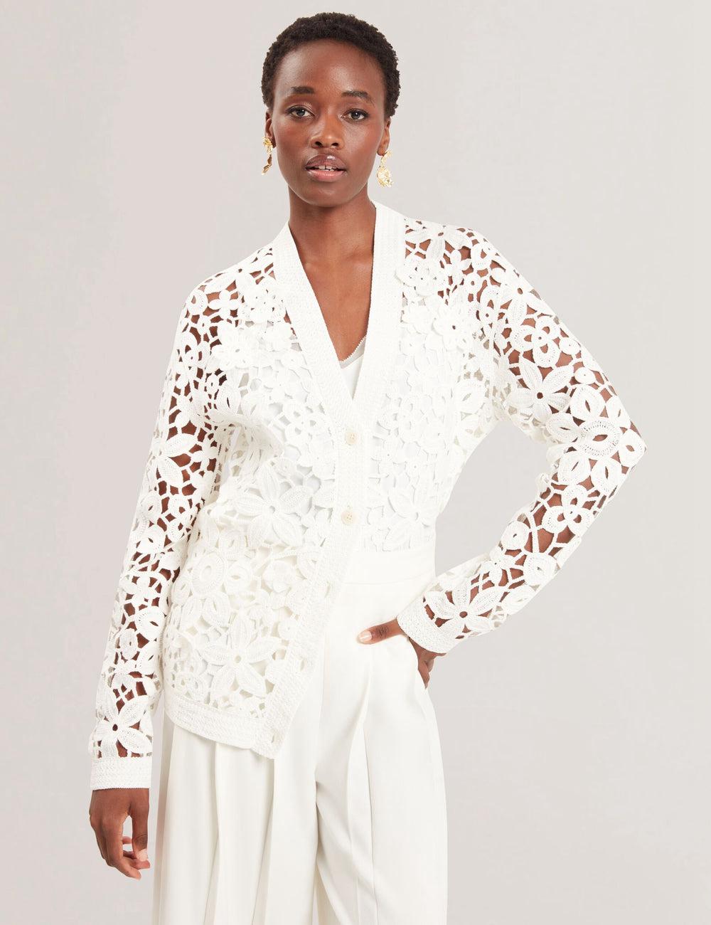 Women Ted Baker TARLI - Crochet Open Knit Longline Cardigans White | Egypt  JWSBV-5697