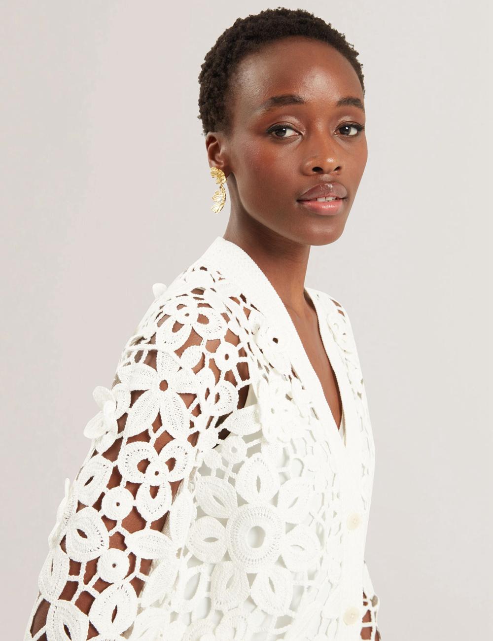 Women Ted Baker TARLI - Crochet Open Knit Longline Cardigans White | Egypt  JWSBV-5697