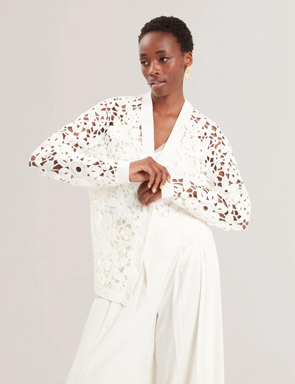 Women Ted Baker TARLI - Crochet Open Knit Longline Cardigans White | Egypt  JWSBV-5697