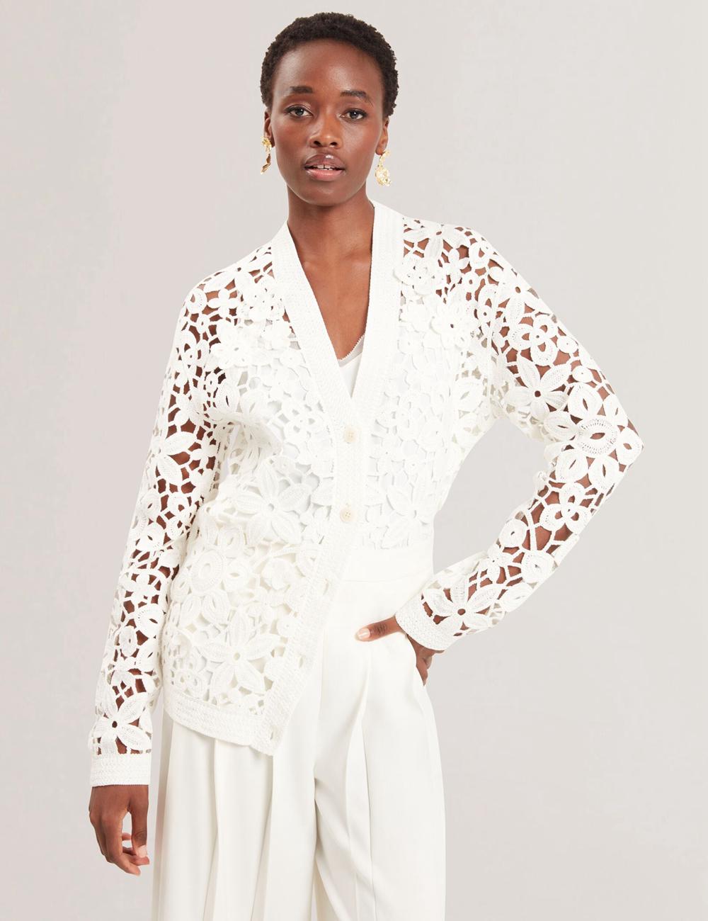 Women Ted Baker TARLI - Crochet Open Knit Longline Cardigans White | Egypt  JWSBV-5697