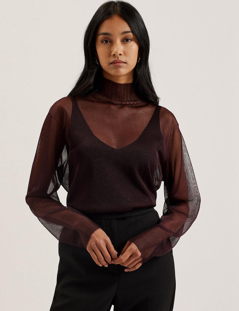 Women Ted Baker TAYLAW - Shimmer Sheer Knit Funnel Neck Top Jumpers Red | Egypt  FJANE-7419
