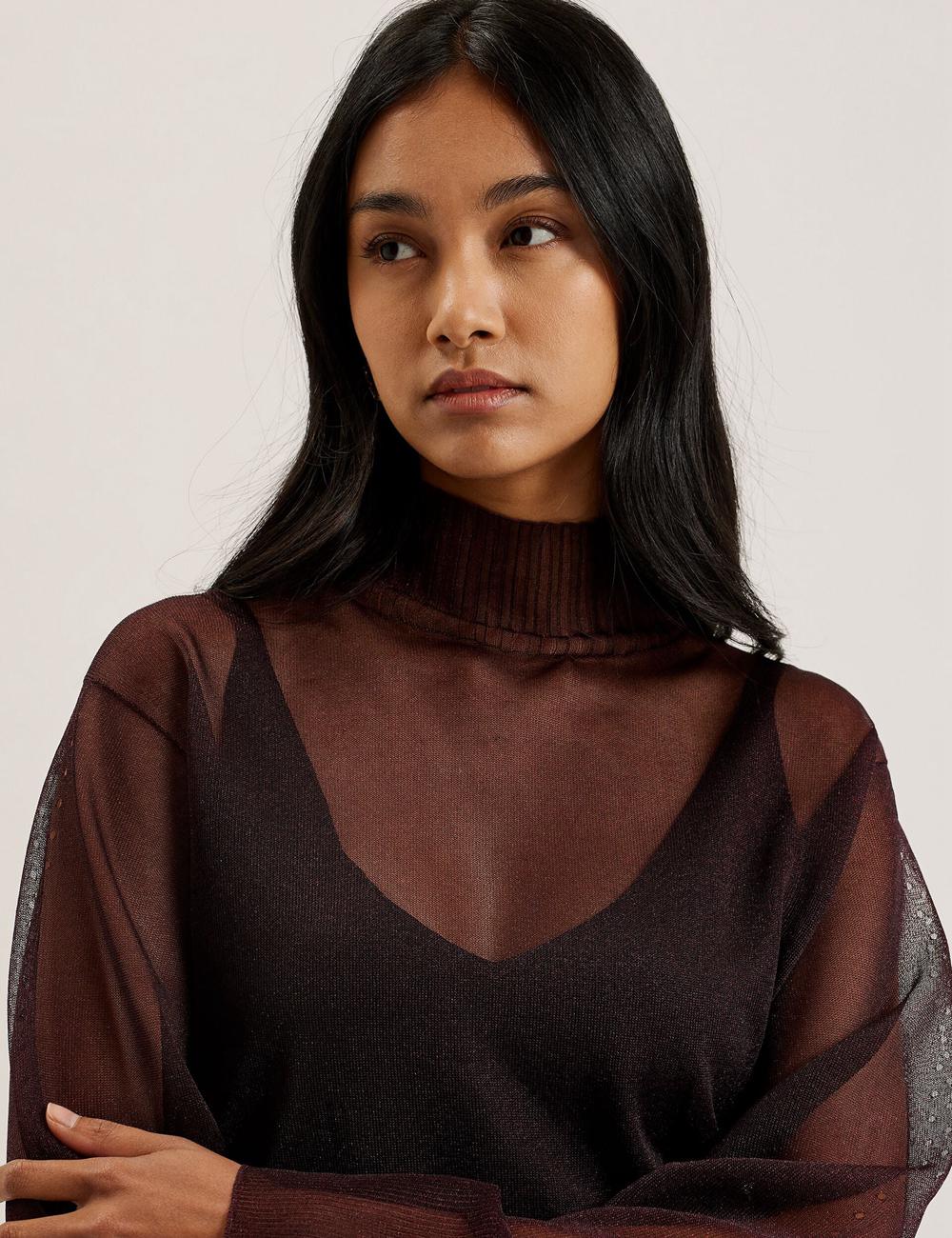 Women Ted Baker TAYLAW - Shimmer Sheer Knit Funnel Neck Top Jumpers Red | Egypt  FJANE-7419