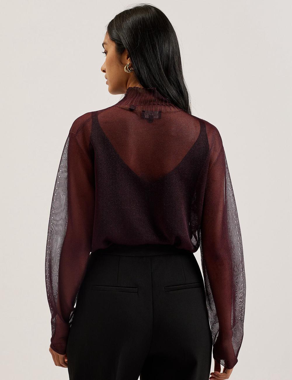Women Ted Baker TAYLAW - Shimmer Sheer Knit Funnel Neck Top Jumpers Red | Egypt  FJANE-7419