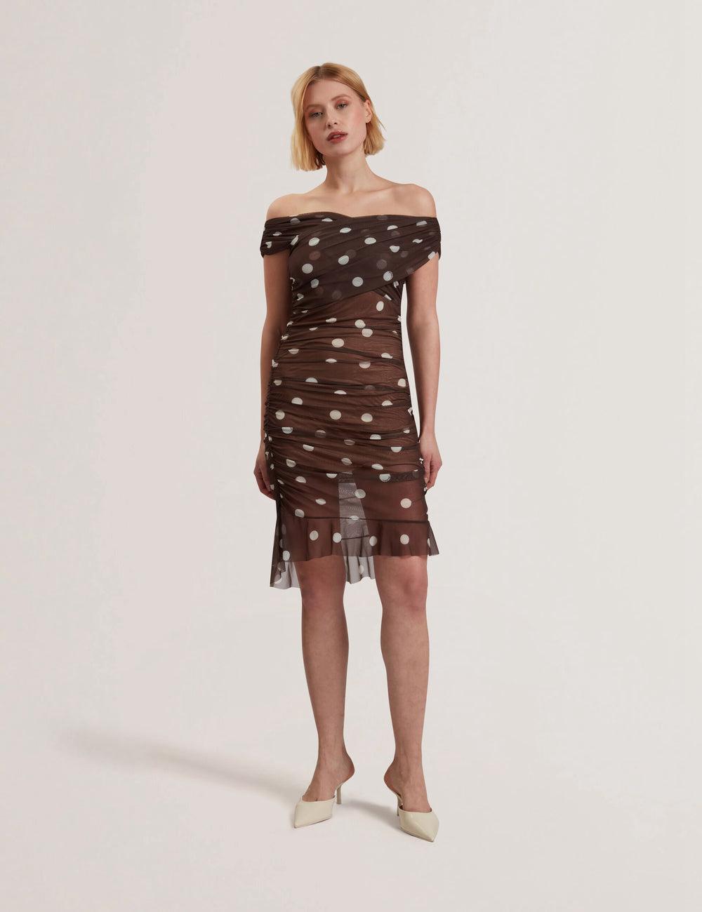 Women Ted Baker TILDAHH - Off-Shoulder Polka Dot Mesh Mini Dresses Dk-Brown | Egypt  DRGPX-8213