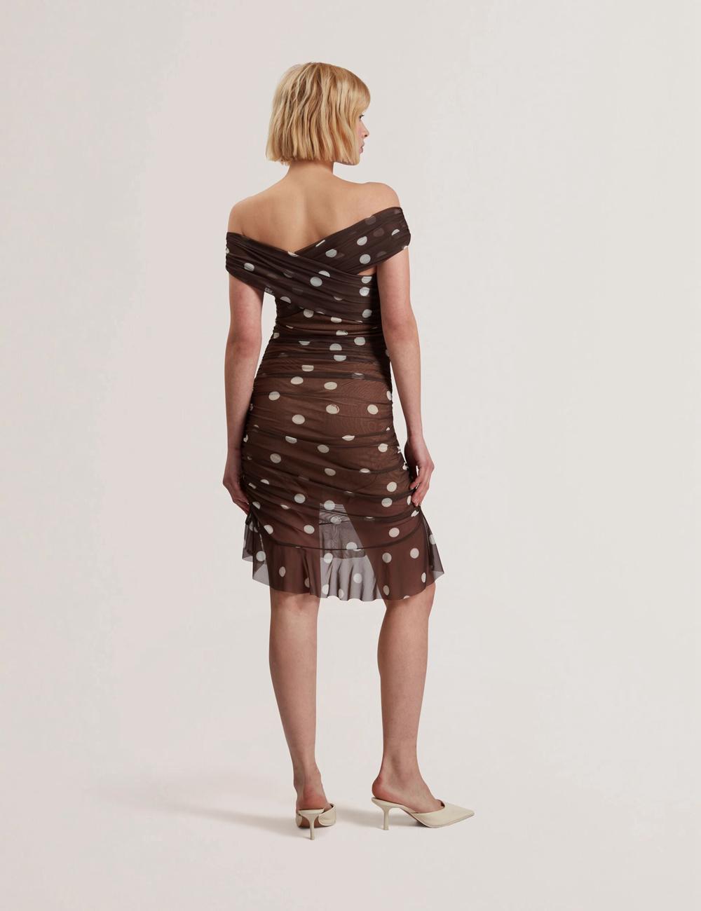 Women Ted Baker TILDAHH - Off-Shoulder Polka Dot Mesh Mini Dresses Dk-Brown | Egypt  DRGPX-8213
