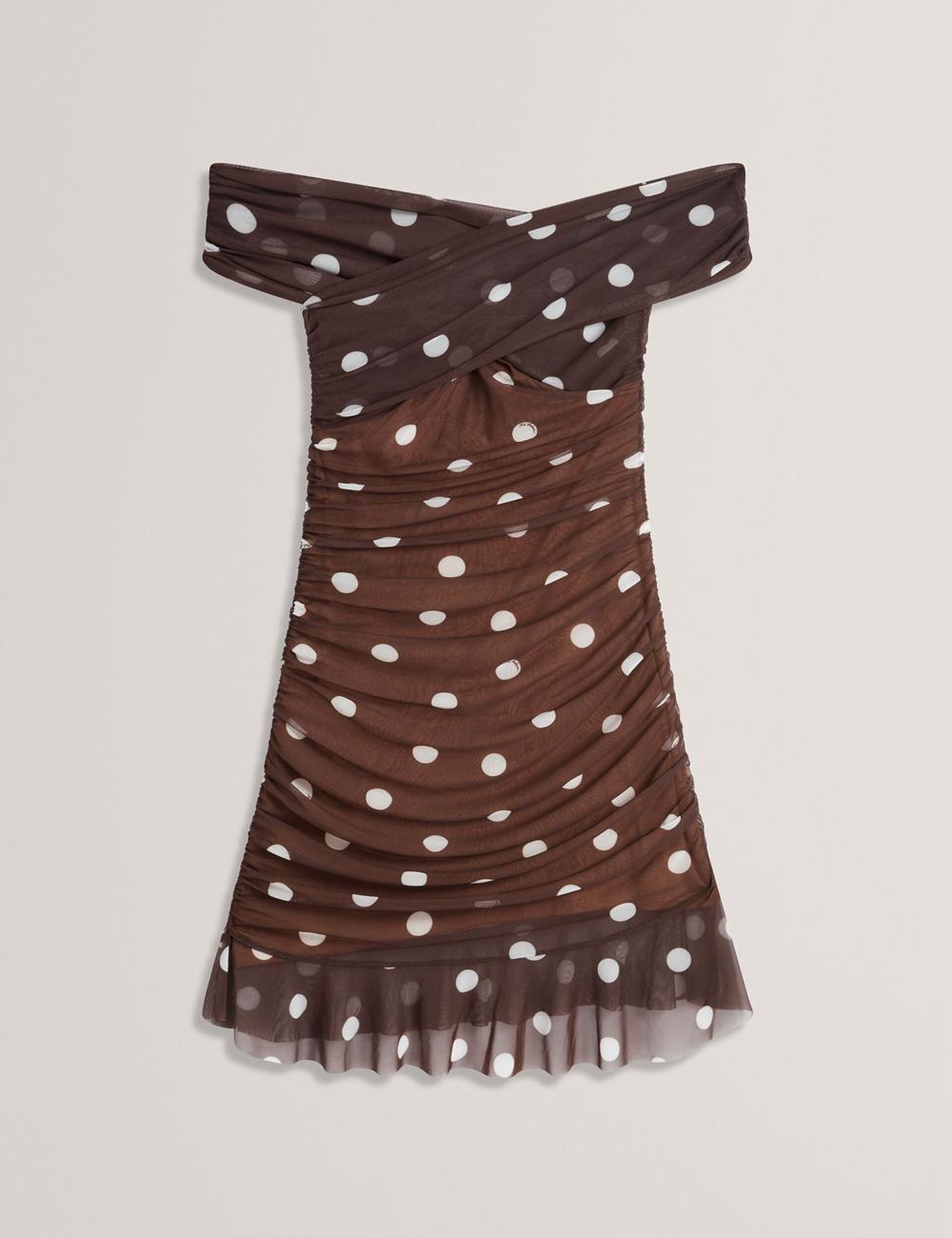 Women Ted Baker TILDAHH - Off-Shoulder Polka Dot Mesh Mini Dresses Dk-Brown | Egypt  DRGPX-8213