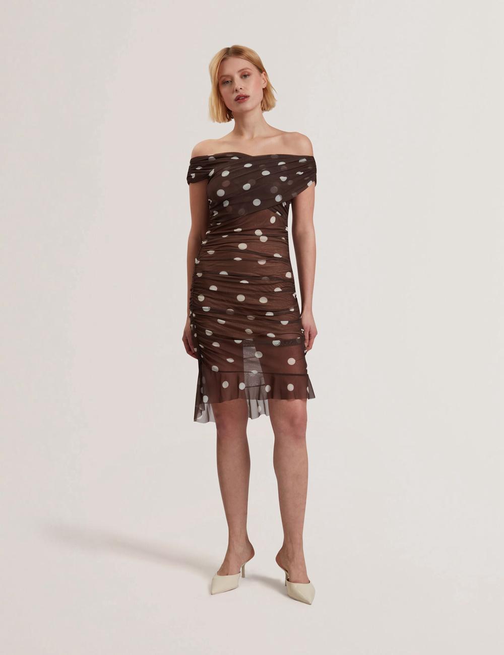 Women Ted Baker TILDAHH - Off-Shoulder Polka Dot Mesh Mini Dresses Dk-Brown | Egypt  DRGPX-8213