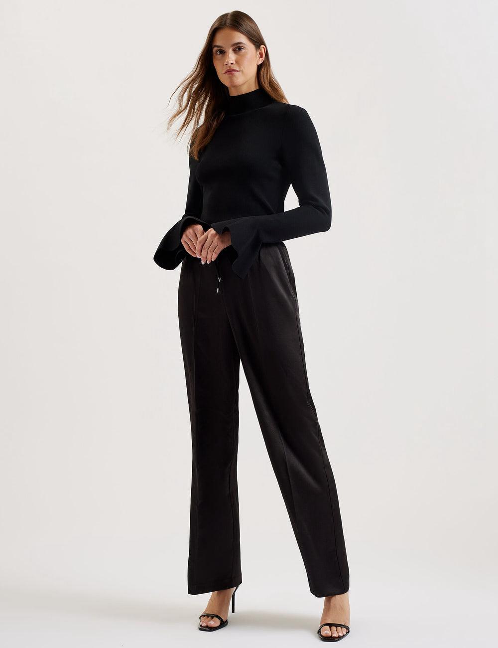 Women Ted Baker UMAIBO - Satin Wide Leg Drawstring Joggers Trousers Black | Egypt  OSJVE-2047