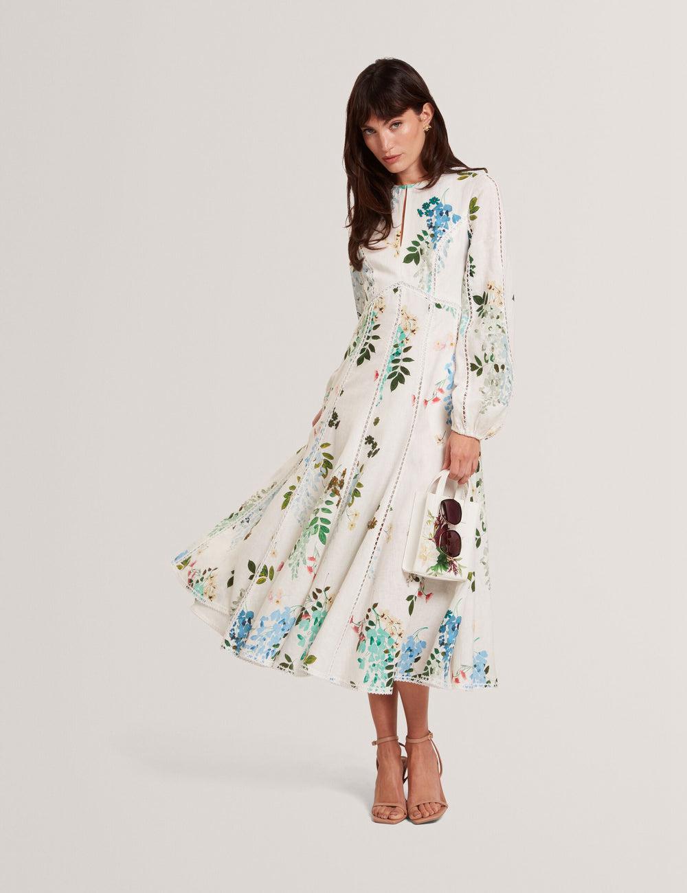 Women Ted Baker UTALA - Floral Crochet Trim Linen Midi Dresses White | Egypt  HKMQI-7102