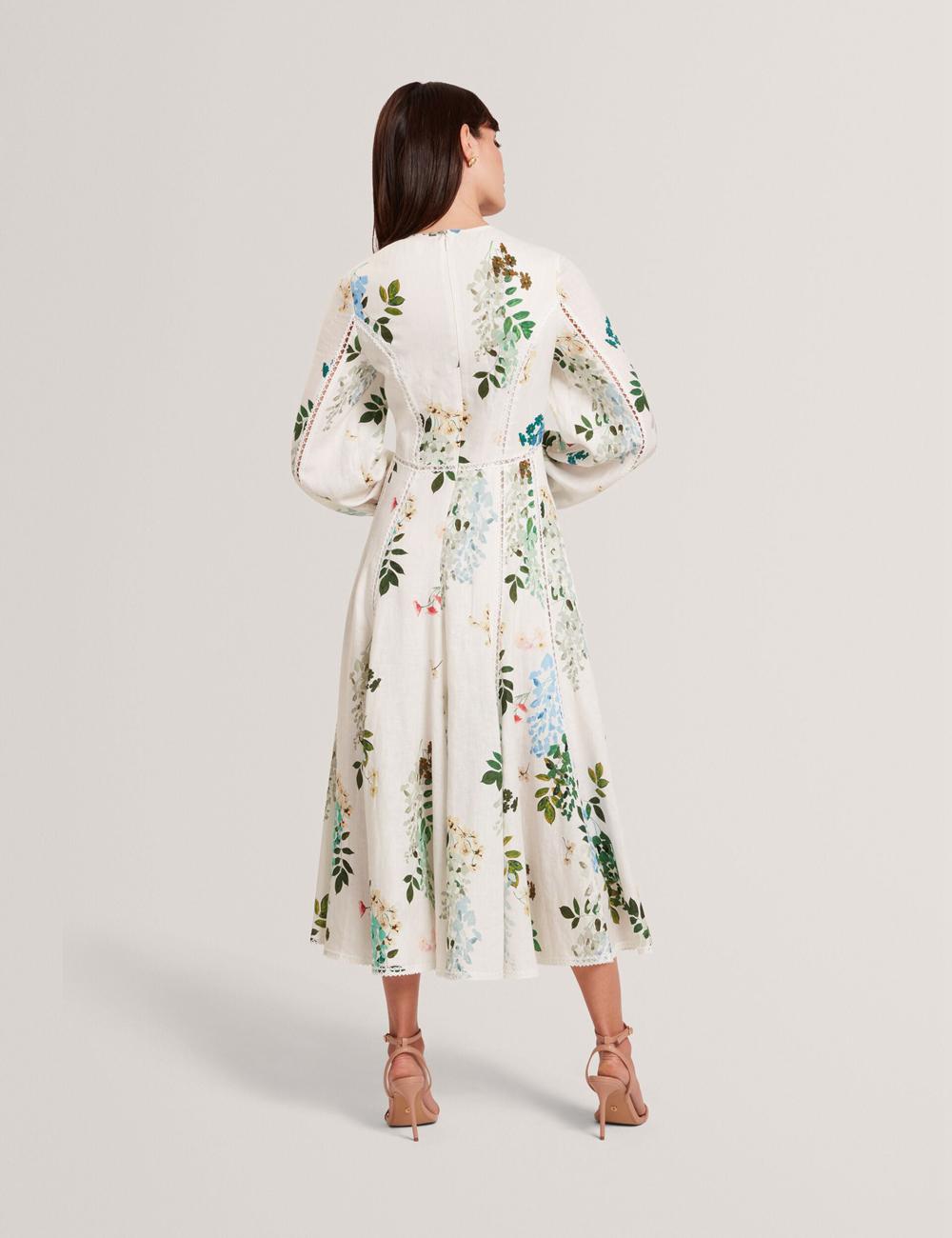 Women Ted Baker UTALA - Floral Crochet Trim Linen Midi Dresses White | Egypt  HKMQI-7102